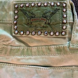Pastel green robins jeans with Swarovski crystals